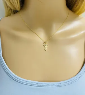 14K Solid Gold Holy Small Jesus Pendant Charm Necklace, 14K 2 Tone Gold Divine Small Jesus Pendant, 14K Solid Gold 0.8mm Cable Chain Necklace, Religious Jewelry.