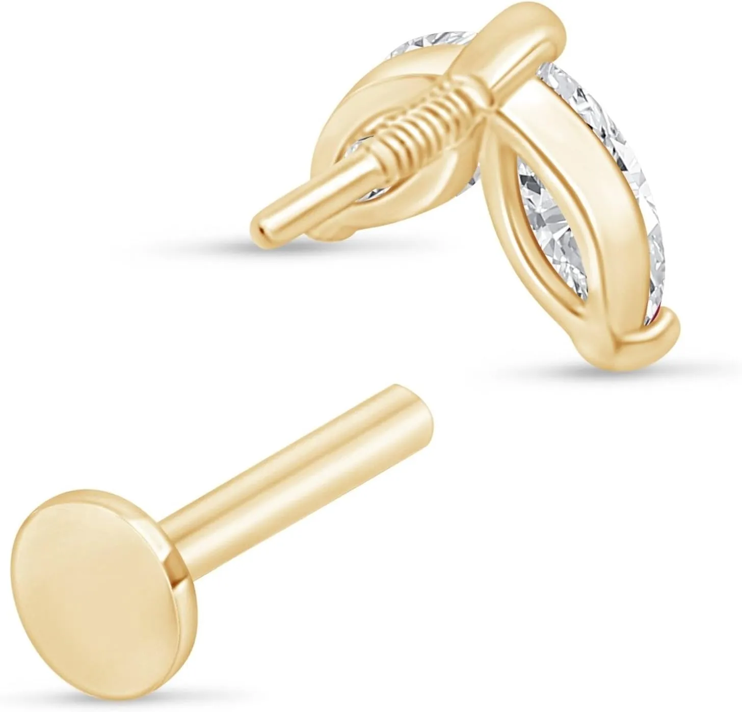 14K Solid Gold Leaf Flat Back Earring CZ Marquise Stud Earring For Women Cartilage Piercings Threaded Conch Tragus Helix Piercing Jewelry Earring for Upper Ear Minimalist SINGLE STUD or PAIR