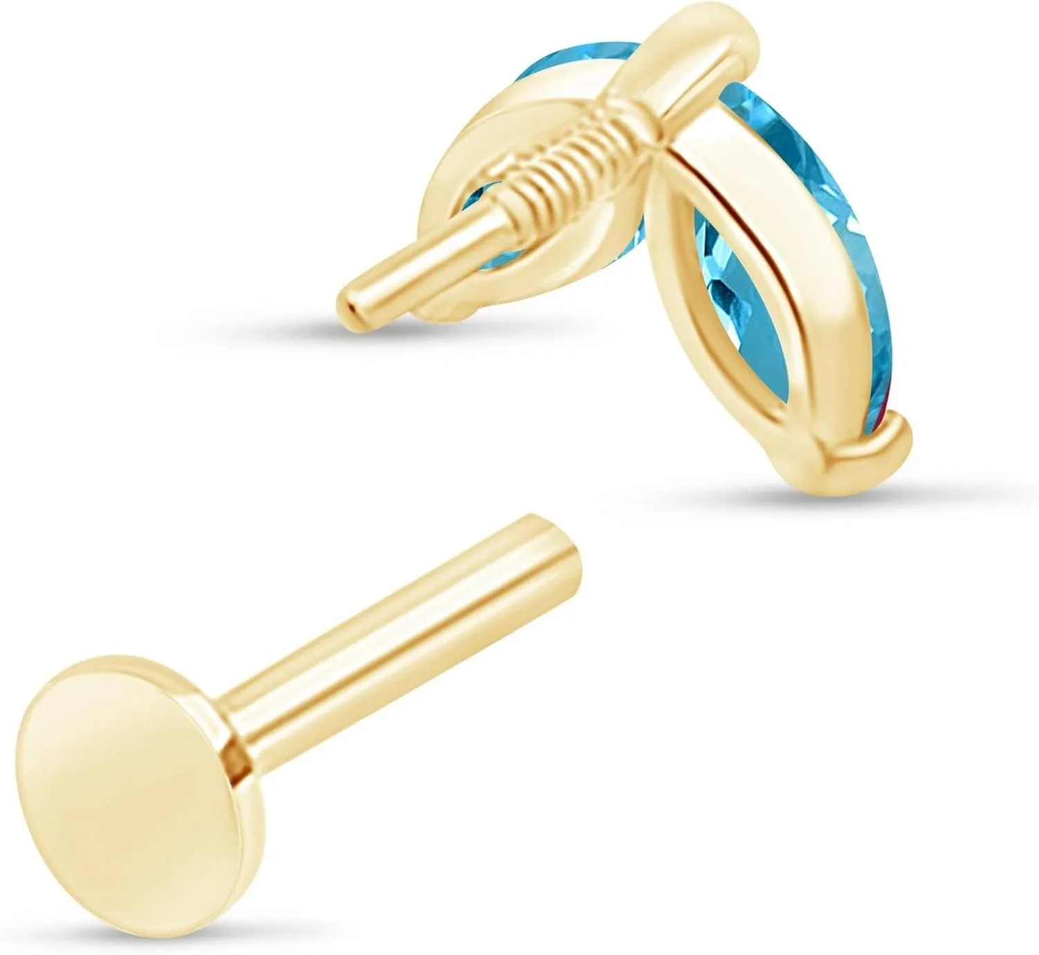 14K Solid Gold Leaf Flat Back Earring CZ Marquise Stud Earring For Women Cartilage Piercings Threaded Conch Tragus Helix Piercing Jewelry Earring for Upper Ear Minimalist SINGLE STUD or PAIR
