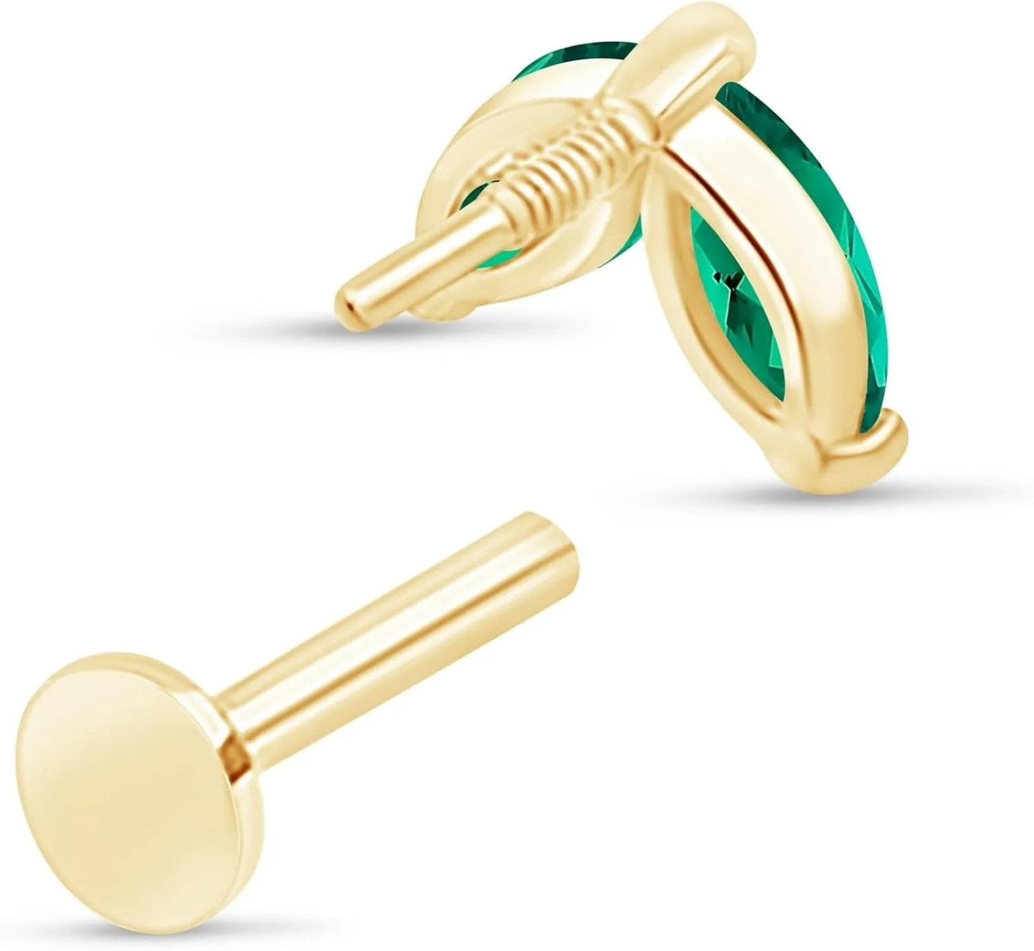 14K Solid Gold Leaf Flat Back Earring CZ Marquise Stud Earring For Women Cartilage Piercings Threaded Conch Tragus Helix Piercing Jewelry Earring for Upper Ear Minimalist SINGLE STUD or PAIR
