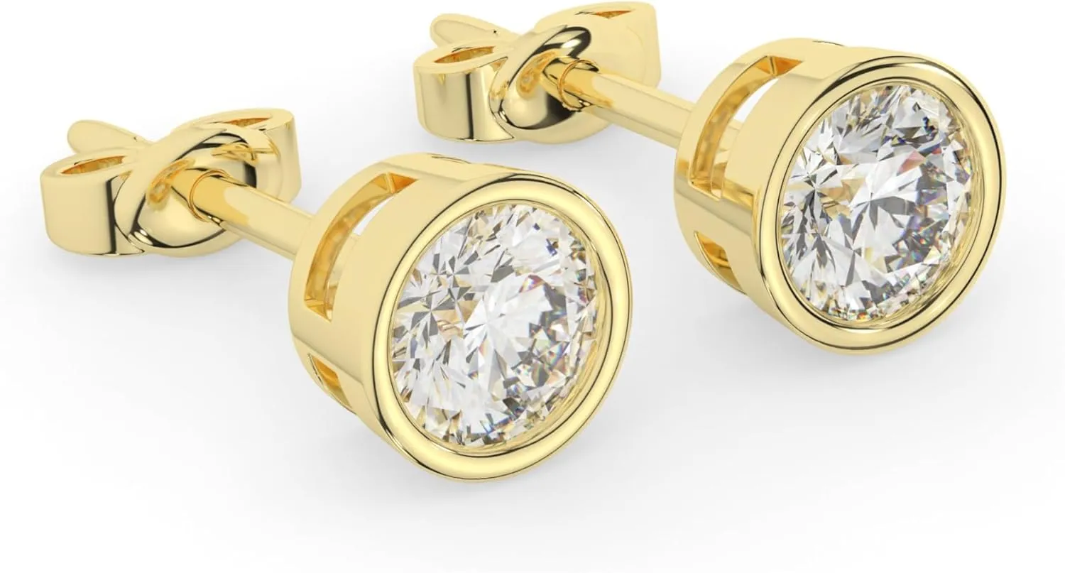 14K Solid Gold Moissanite Bezel Stud Earrings for Women | 0.50 to 2.00 CTW | Round Cut | Push Back or Screw Back | White or Yellow Gold | Made in USA | By Adora Fine Jewelry