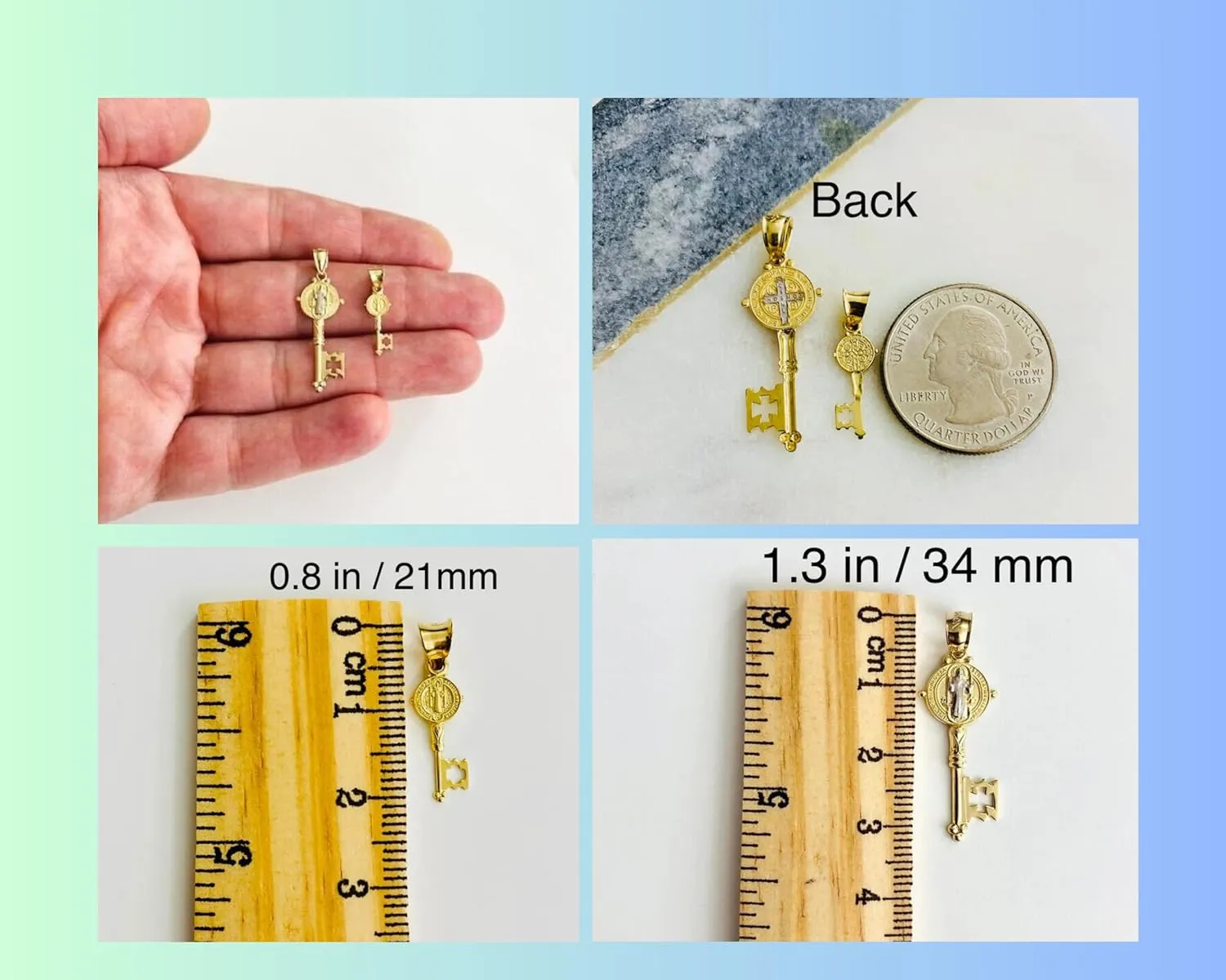 14K Solid Gold Saint Benedict Key Charm Pendant, 14K Real Gold San Benito Key Pendant, 2 Different Style.