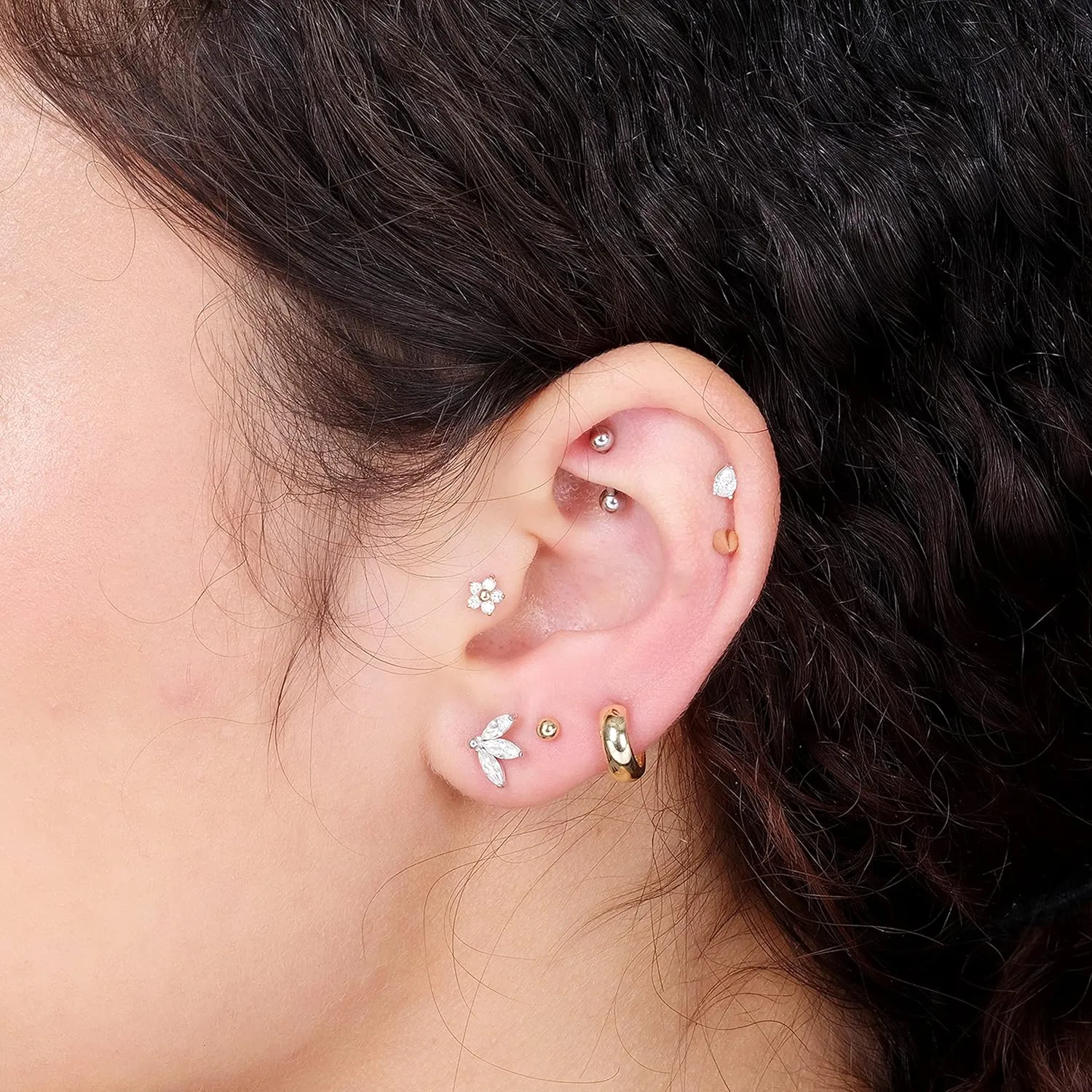 14K Solid Gold SINGLE Stud Earring for Men and Women - Spike Design Hypoallergenic Earring for Sensitive Ears - Flat Back Cartilage Earring - Minimalist Jewelry for Tragus, Lobe, Helix Piercing