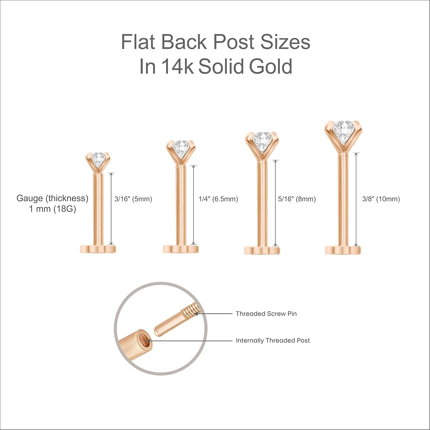 14K Solid Gold SINGLE Stud Earring for Men and Women - Spike Design Hypoallergenic Earring for Sensitive Ears - Flat Back Cartilage Earring - Minimalist Jewelry for Tragus, Lobe, Helix Piercing