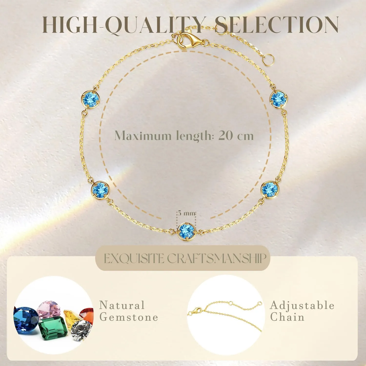 14K Solid Yellow Gold 1 cttw Natural Gemstone Dainty Delicate Petite Station Bracelet Birthstone Fine Jewelry Anniversary Christmas Holiday Gifts For Women, 6 1.2 Inch
