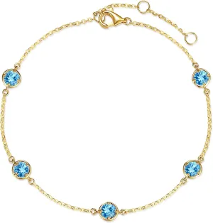 14K Solid Yellow Gold 1 cttw Natural Gemstone Dainty Delicate Petite Station Bracelet Birthstone Fine Jewelry Anniversary Christmas Holiday Gifts For Women, 6 1.2 Inch