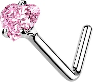 14K White Gold L Bend Nose Ring with Prong Heart CZ 20G 1/4' Pink Body Unique Jewelry Delicate Design Piercing Steel Surgical For Women