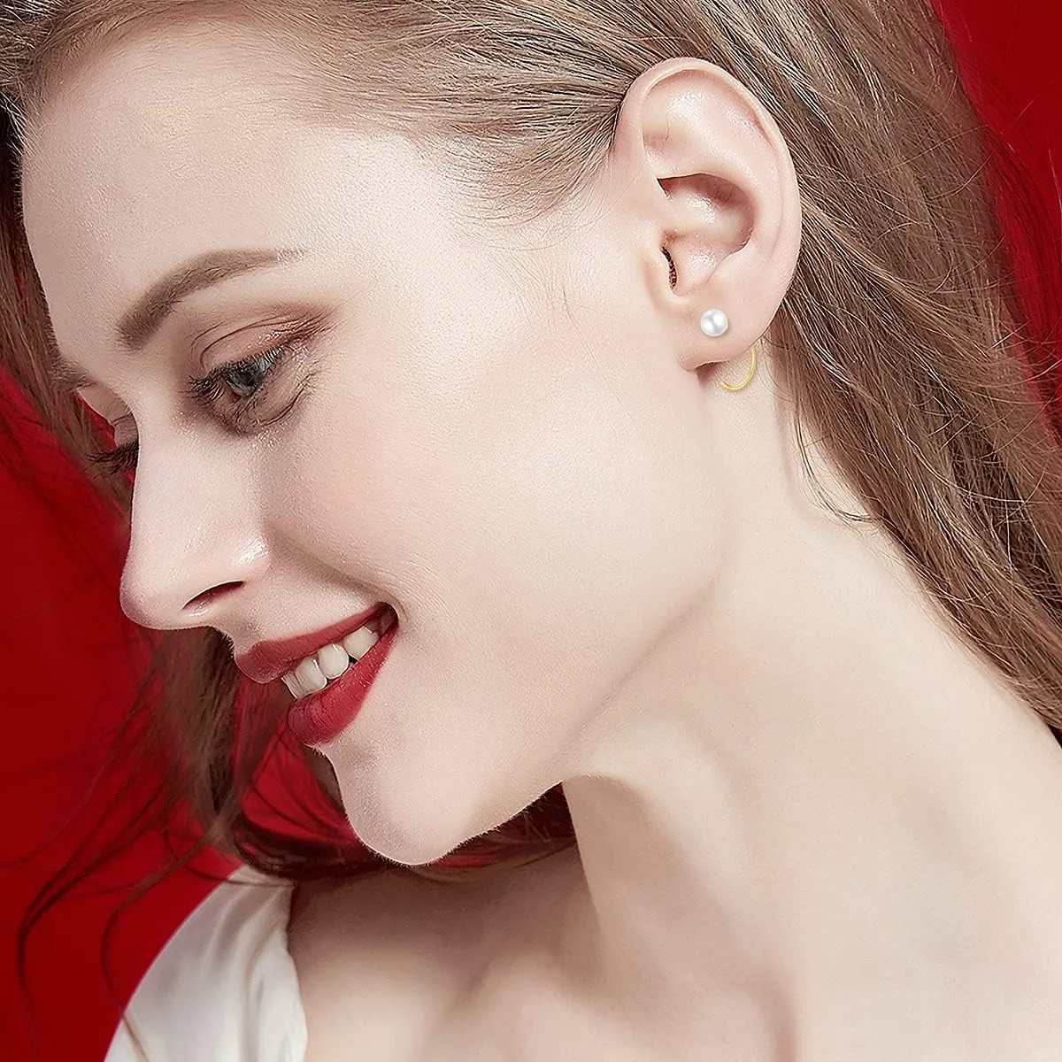 14K Yellow Gold Half Hoops Pearl Earrings for Women, Delicate Gold Freshwater Pearl Cuff Wrap Piercing Hoop Studs Earrings Hypoallergenic Ear Jacket Jewelry for Mom, Wife 10MM