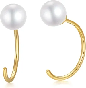 14K Yellow Gold Half Hoops Pearl Earrings for Women, Delicate Gold Freshwater Pearl Cuff Wrap Piercing Hoop Studs Earrings Hypoallergenic Ear Jacket Jewelry for Mom, Wife 10MM