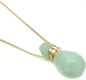 14K Yellow Gold Natural Stone Vial Necklace For Women - Glass Pendant Water Drop Jar Perfume Jewelry - Container For Liquid Oil Diffuser