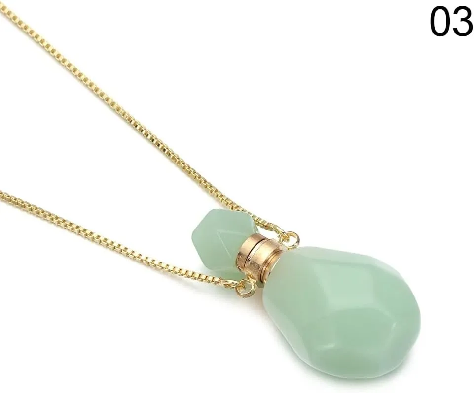 14K Yellow Gold Natural Stone Vial Necklace For Women - Glass Pendant Water Drop Jar Perfume Jewelry - Container For Liquid Oil Diffuser