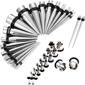 16G-00G Surgical Steel Ear Stretching Kit 38Pcs Ear Plugs Tunnels and Taper Set Gauges Set Expander