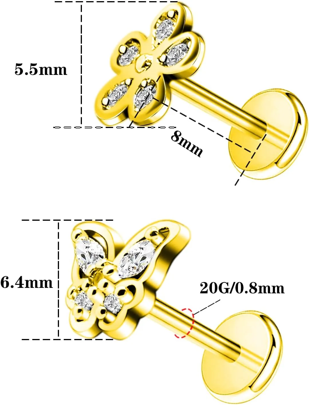16G 316L Surgical Steel Push in Ear Rings Heart,Butterfly,Flower Nose Ring Studs Lip Rings Top Pushin Threadless Flat Back Lobe Helix, Tragus, Conch Cartilage Earring Studs for Women Men