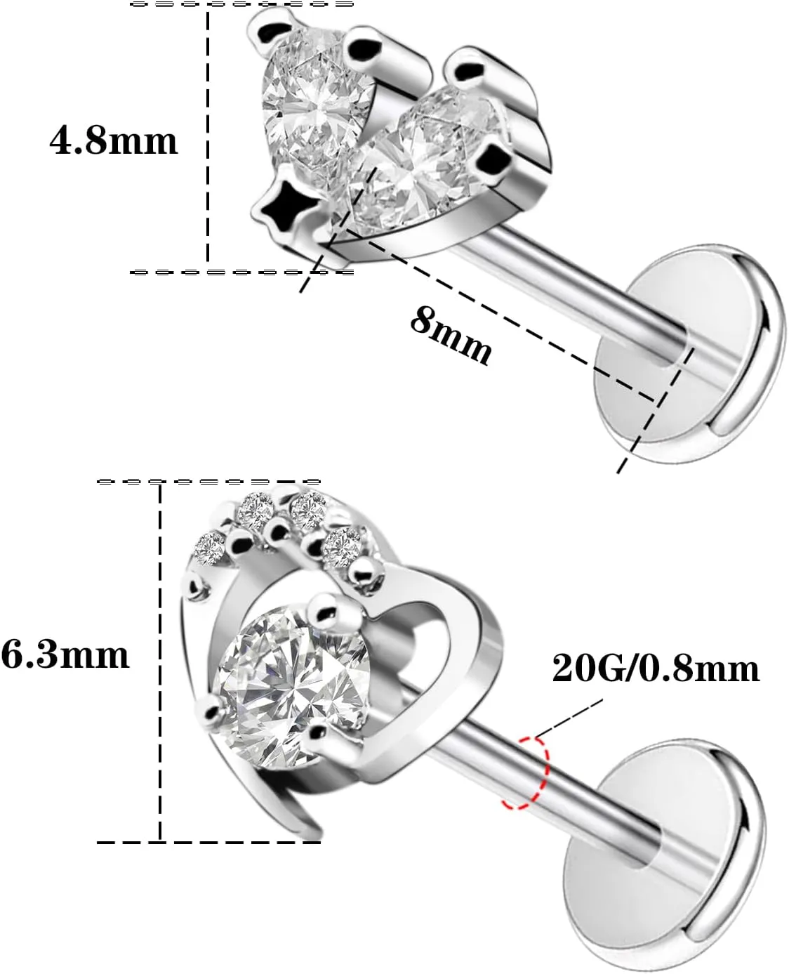 16G 316L Surgical Steel Push in Ear Rings Heart,Butterfly,Flower Nose Ring Studs Lip Rings Top Pushin Threadless Flat Back Lobe Helix, Tragus, Conch Cartilage Earring Studs for Women Men