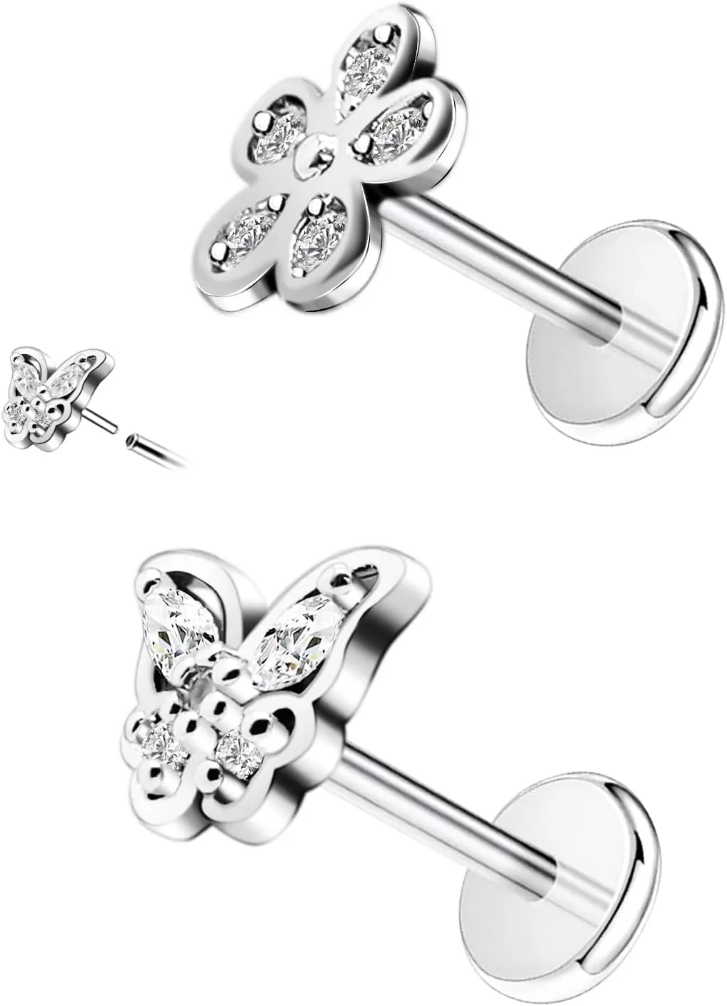 16G 316L Surgical Steel Push in Ear Rings Heart,Butterfly,Flower Nose Ring Studs Lip Rings Top Pushin Threadless Flat Back Lobe Helix, Tragus, Conch Cartilage Earring Studs for Women Men