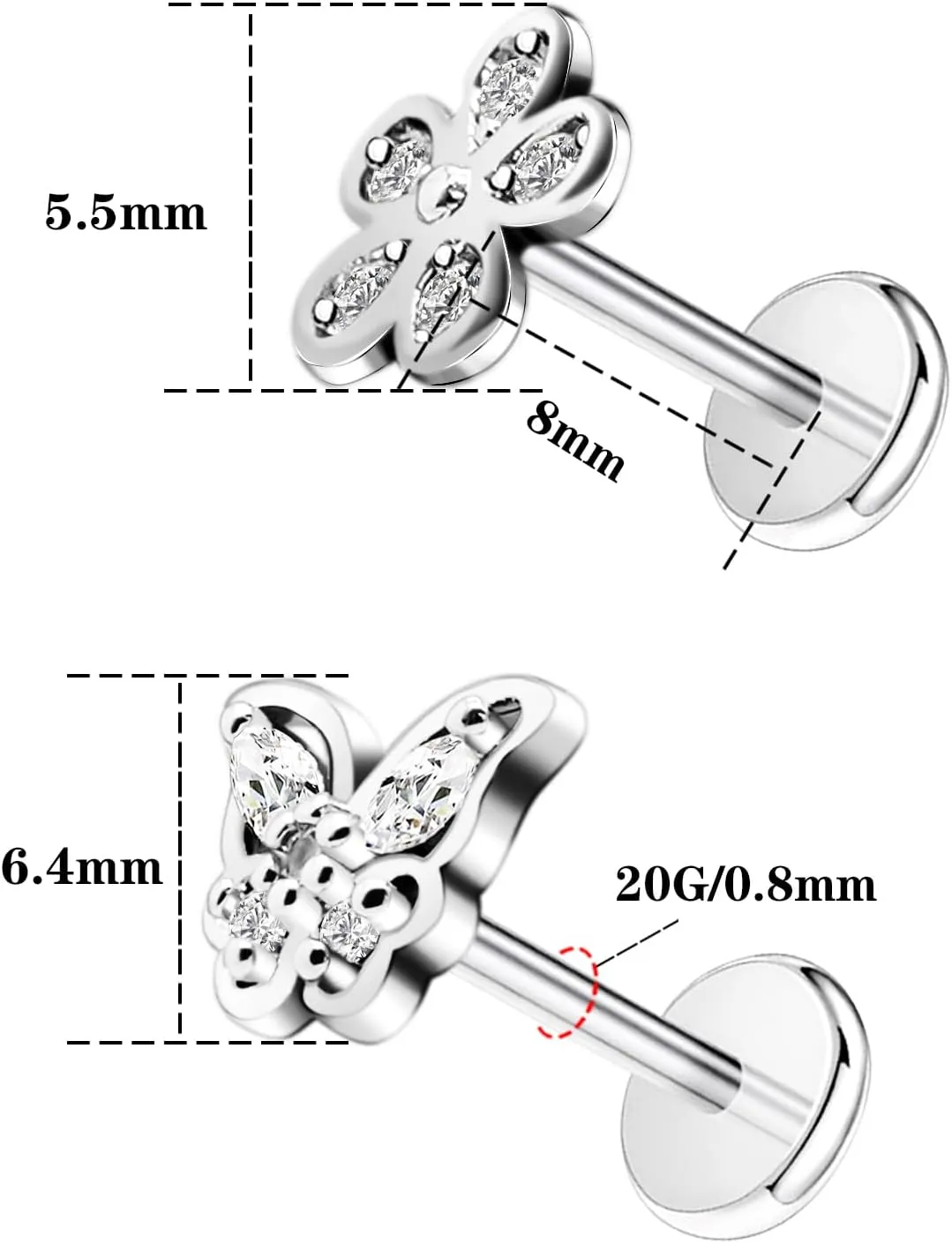 16G 316L Surgical Steel Push in Ear Rings Heart,Butterfly,Flower Nose Ring Studs Lip Rings Top Pushin Threadless Flat Back Lobe Helix, Tragus, Conch Cartilage Earring Studs for Women Men