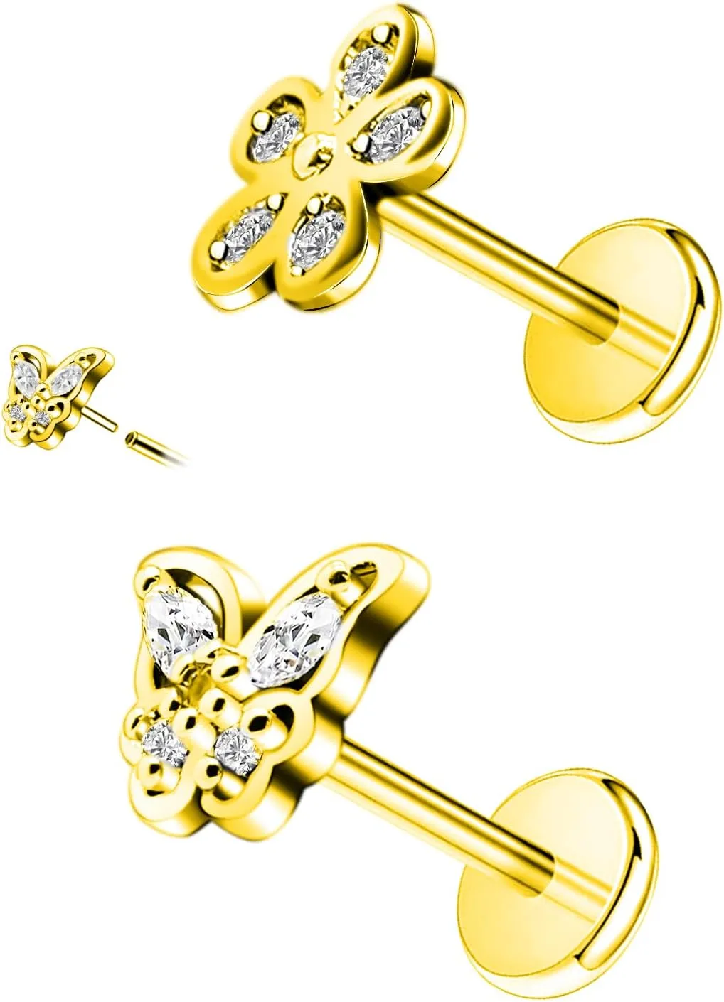 16G 316L Surgical Steel Push in Ear Rings Heart,Butterfly,Flower Nose Ring Studs Lip Rings Top Pushin Threadless Flat Back Lobe Helix, Tragus, Conch Cartilage Earring Studs for Women Men