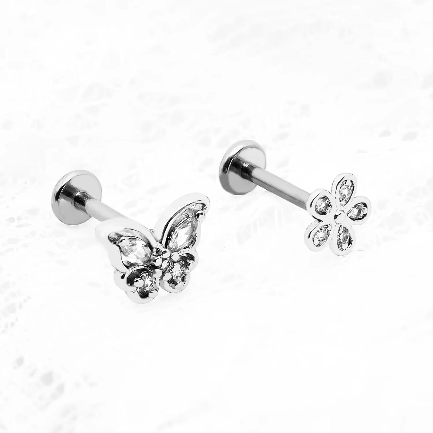 16G 316L Surgical Steel Push in Ear Rings Heart,Butterfly,Flower Nose Ring Studs Lip Rings Top Pushin Threadless Flat Back Lobe Helix, Tragus, Conch Cartilage Earring Studs for Women Men