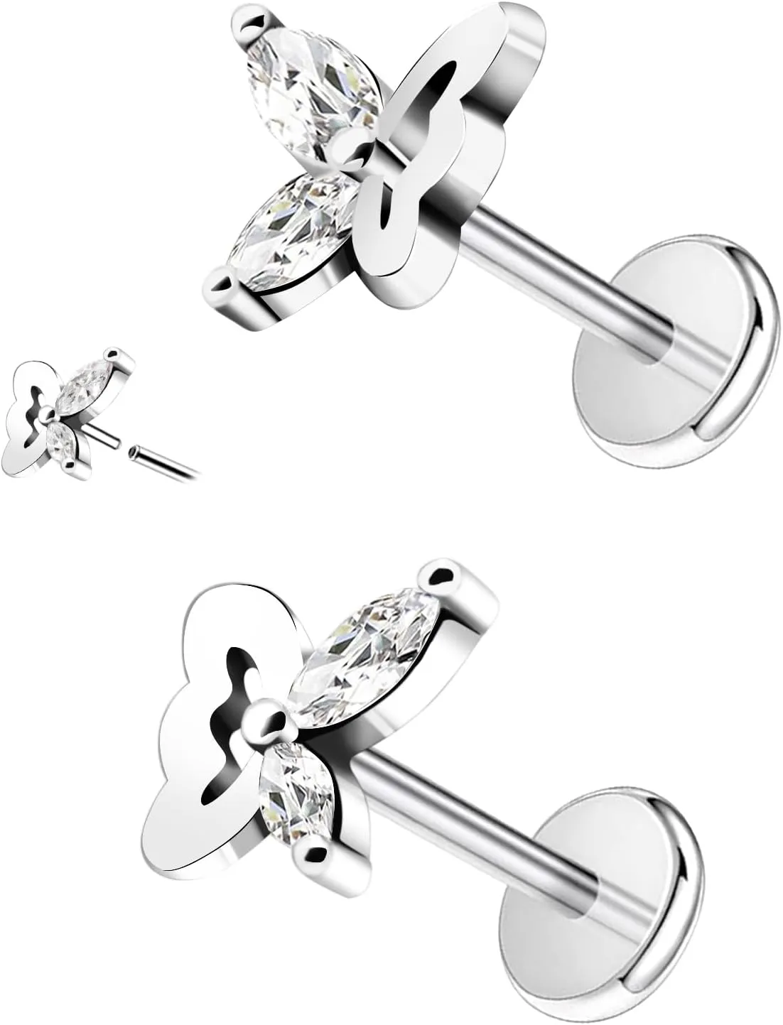 16G 316L Surgical Steel Push in Ear Rings Heart,Butterfly,Flower Nose Ring Studs Lip Rings Top Pushin Threadless Flat Back Lobe Helix, Tragus, Conch Cartilage Earring Studs for Women Men