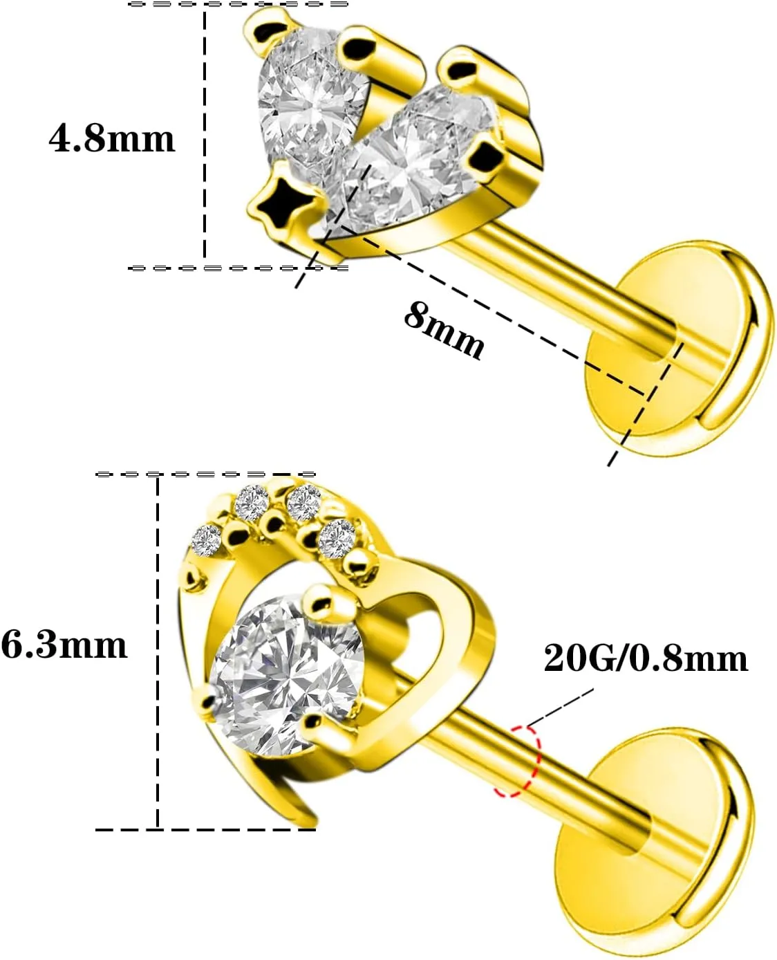16G 316L Surgical Steel Push in Ear Rings Heart,Butterfly,Flower Nose Ring Studs Lip Rings Top Pushin Threadless Flat Back Lobe Helix, Tragus, Conch Cartilage Earring Studs for Women Men
