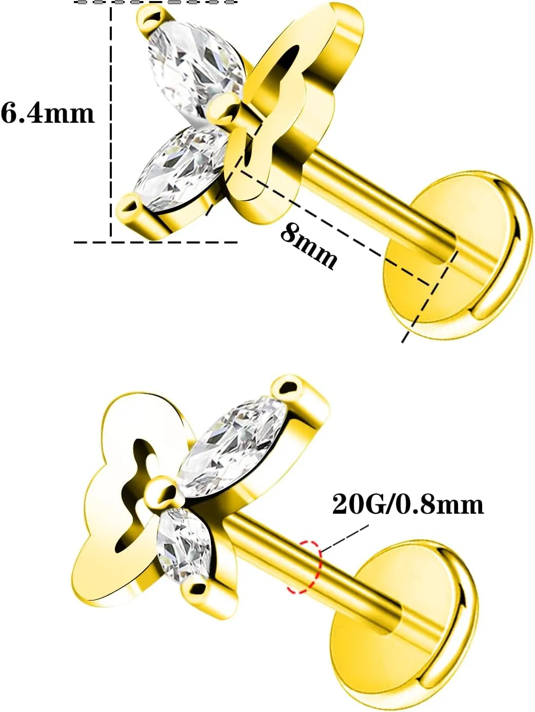 16G 316L Surgical Steel Push in Ear Rings Heart,Butterfly,Flower Nose Ring Studs Lip Rings Top Pushin Threadless Flat Back Lobe Helix, Tragus, Conch Cartilage Earring Studs for Women Men