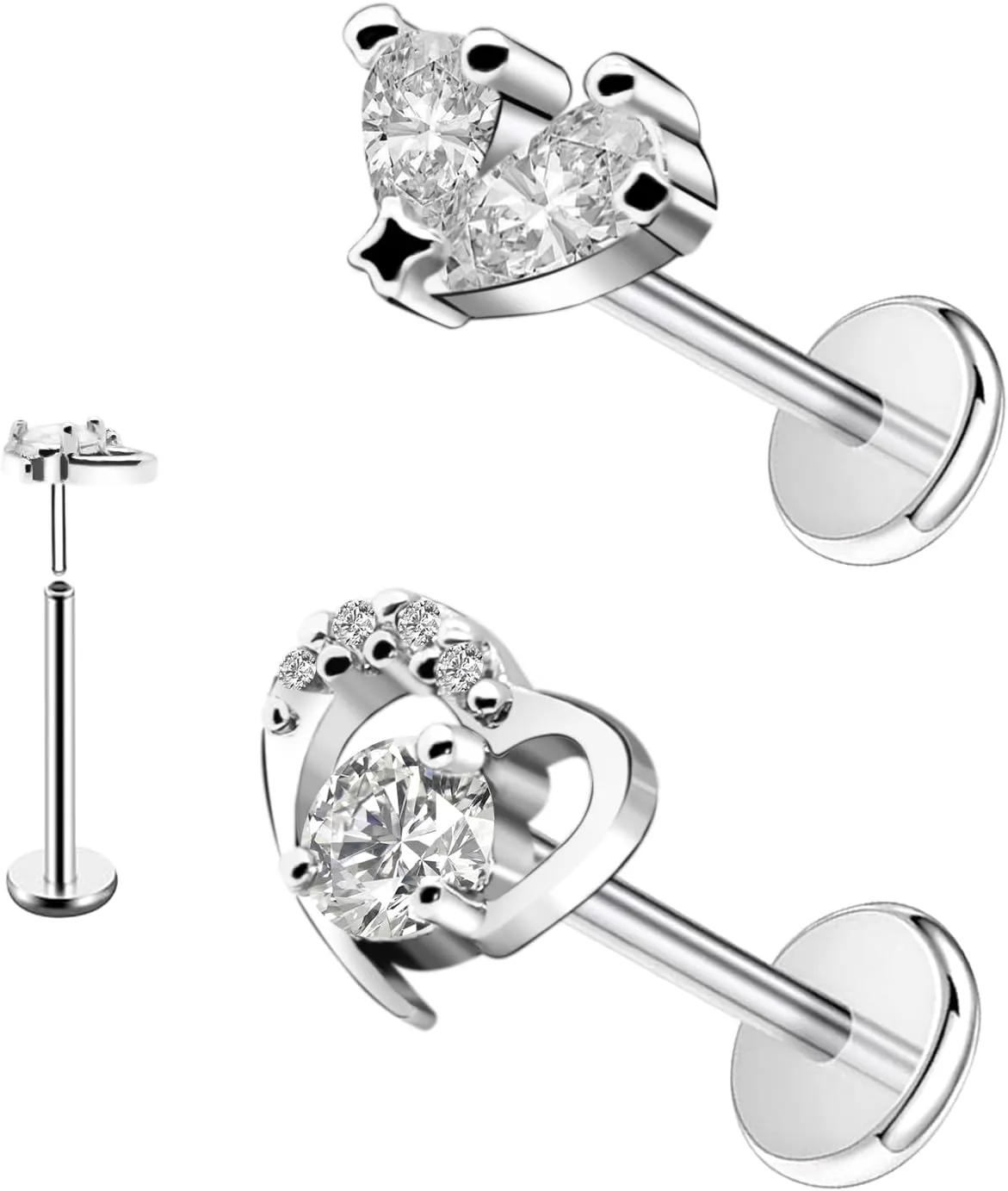16G 316L Surgical Steel Push in Ear Rings Heart,Butterfly,Flower Nose Ring Studs Lip Rings Top Pushin Threadless Flat Back Lobe Helix, Tragus, Conch Cartilage Earring Studs for Women Men