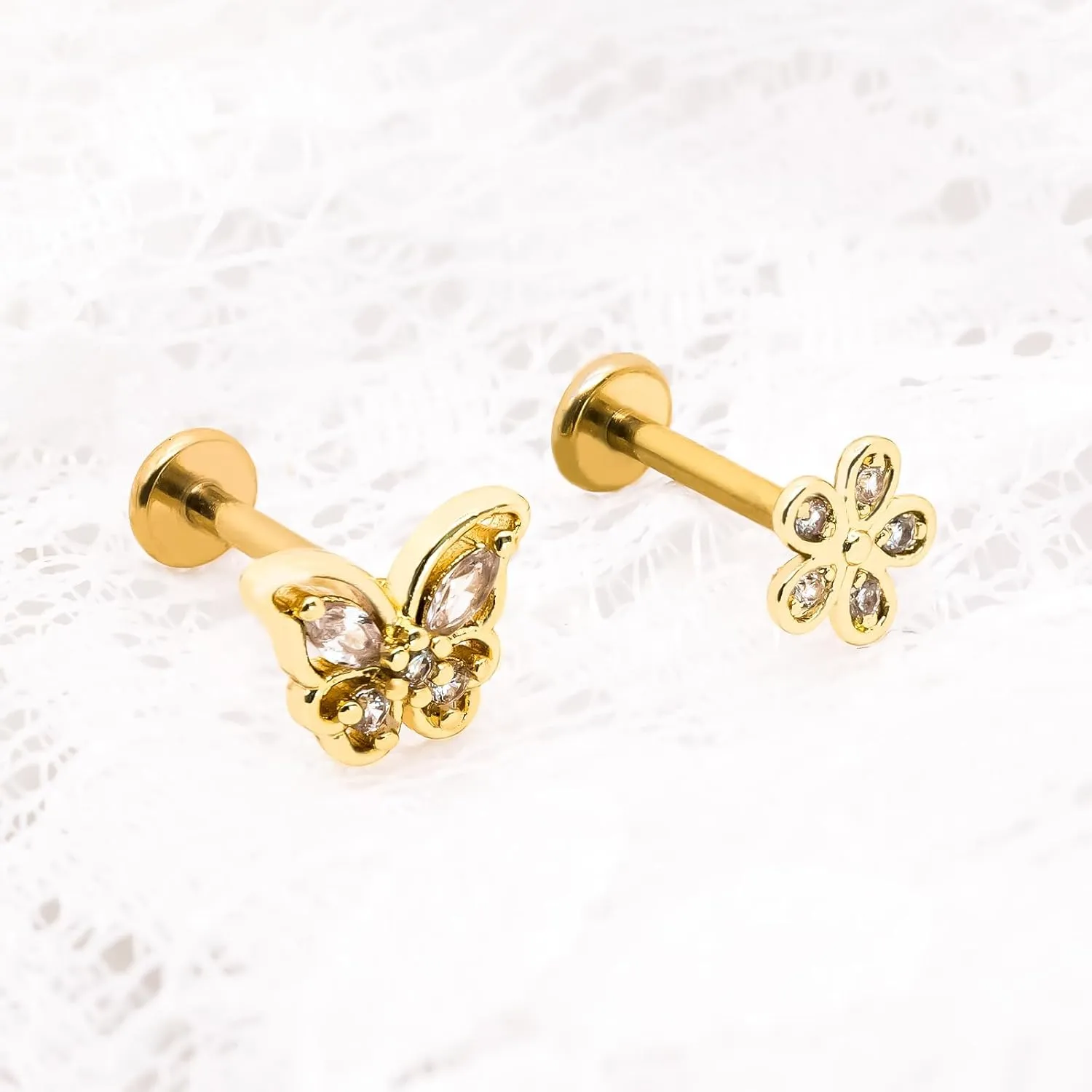 16G 316L Surgical Steel Push in Ear Rings Heart,Butterfly,Flower Nose Ring Studs Lip Rings Top Pushin Threadless Flat Back Lobe Helix, Tragus, Conch Cartilage Earring Studs for Women Men