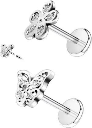 16G 316L Surgical Steel Push in Ear Rings Heart,Butterfly,Flower Nose Ring Studs Lip Rings Top Pushin Threadless Flat Back Lobe Helix, Tragus, Conch Cartilage Earring Studs for Women Men