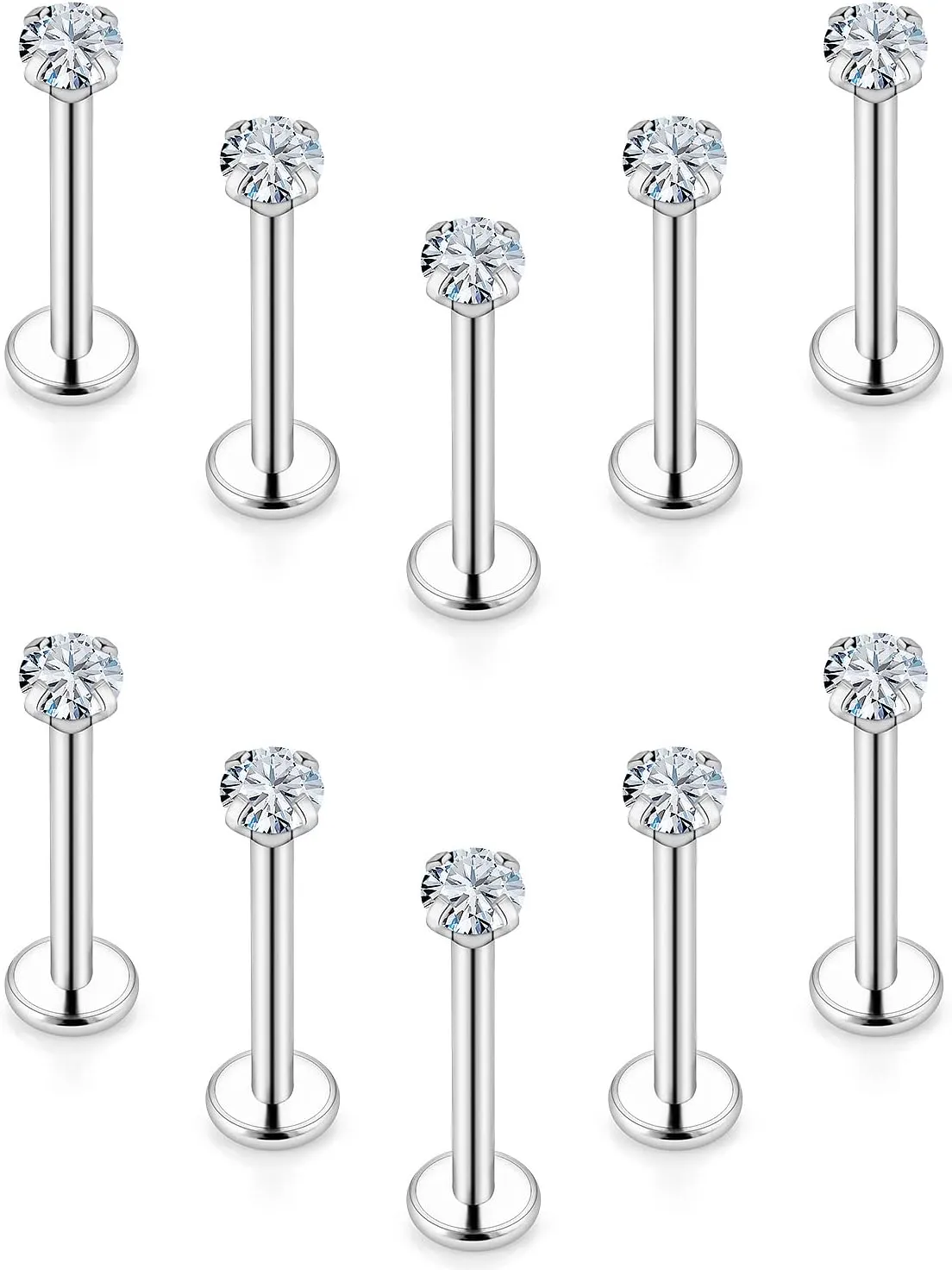 16G Lip Rings and Studs for Women - Stainless Steel Medusa Labret Monroe Piercing Jewelry - Tragus Helix Cartilage Forward Earring - 2mm 3mm 4mm CZ Silver 10Pcs 6-10mm