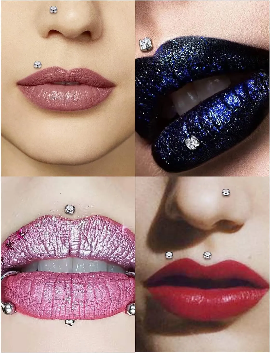 16G Lip Rings and Studs for Women - Stainless Steel Medusa Labret Monroe Piercing Jewelry - Tragus Helix Cartilage Forward Earring - 2mm 3mm 4mm CZ Silver 10Pcs 6-10mm