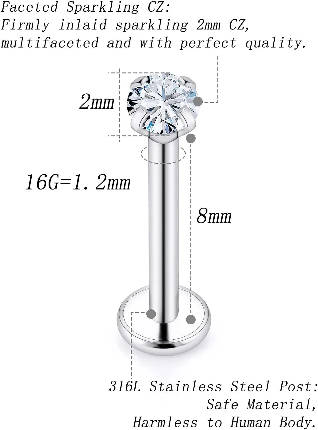 16G Lip Rings and Studs for Women - Stainless Steel Medusa Labret Monroe Piercing Jewelry - Tragus Helix Cartilage Forward Earring - 2mm 3mm 4mm CZ Silver 10Pcs 6-10mm