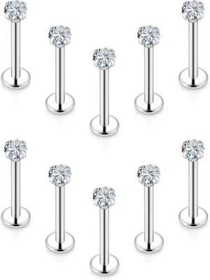16G Lip Rings and Studs for Women - Stainless Steel Medusa Labret Monroe Piercing Jewelry - Tragus Helix Cartilage Forward Earring - 2mm 3mm 4mm CZ Silver 10Pcs 6-10mm