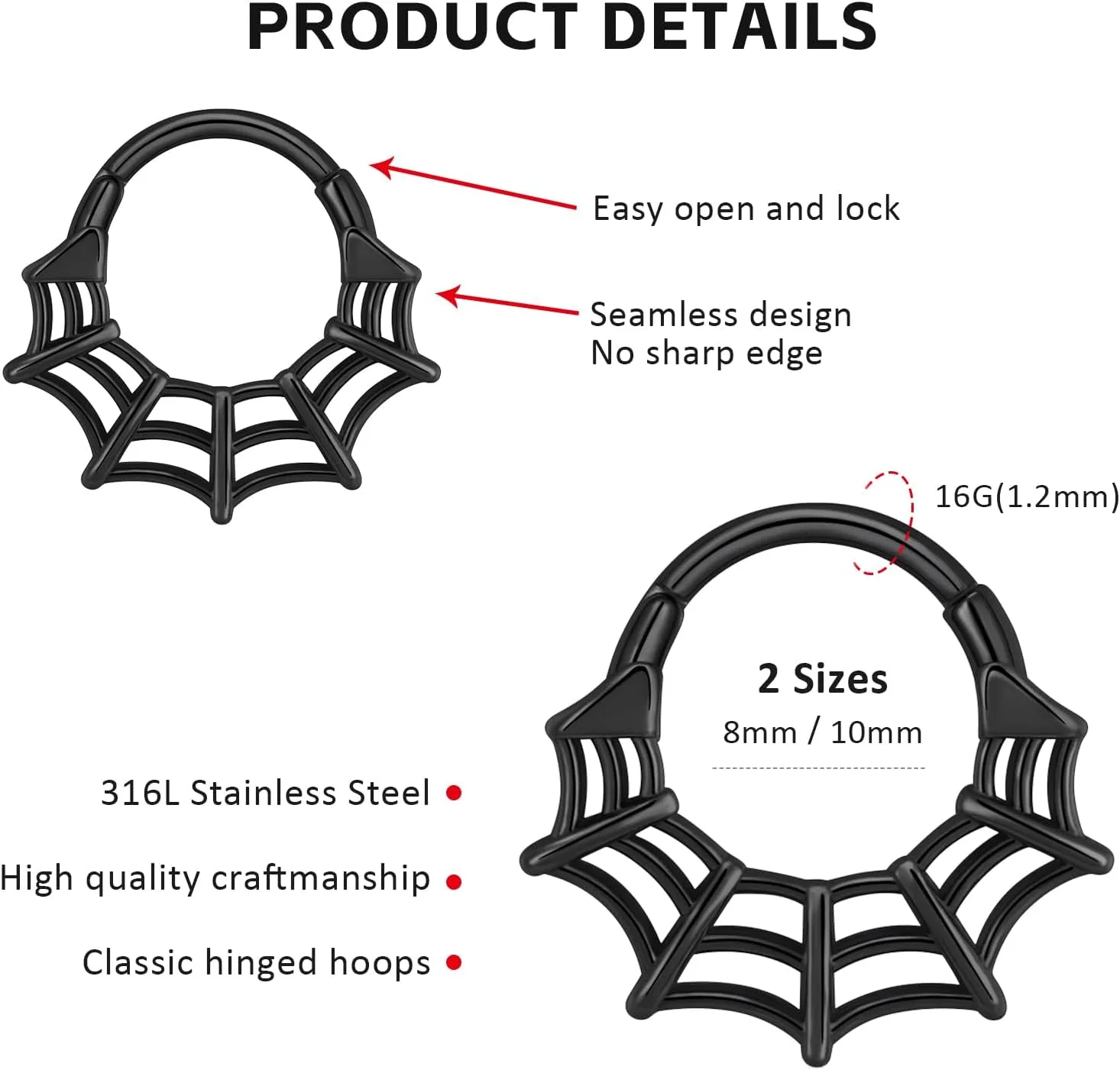 16G Spider Web Cartilage Earring Halloween Septum Rings Goth Punk Unique Earrings Ear Helix Piercing earrings Gothic Jewelry Costumes Accessories for Women Men