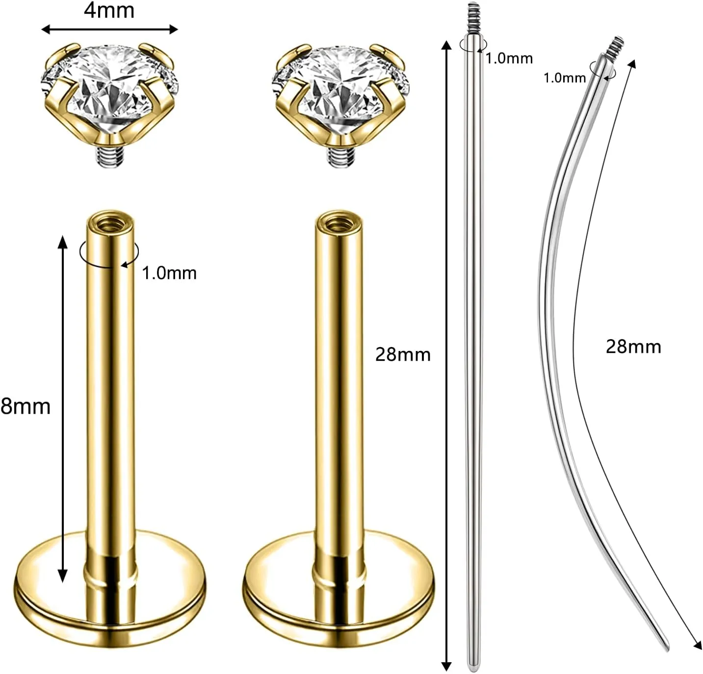 16g/18g Internal Thread CZ Stud Piercing Jewelry Surgical Steel Tragus Monroe Lip Helix Cartilage Earrings Studs for Women Men