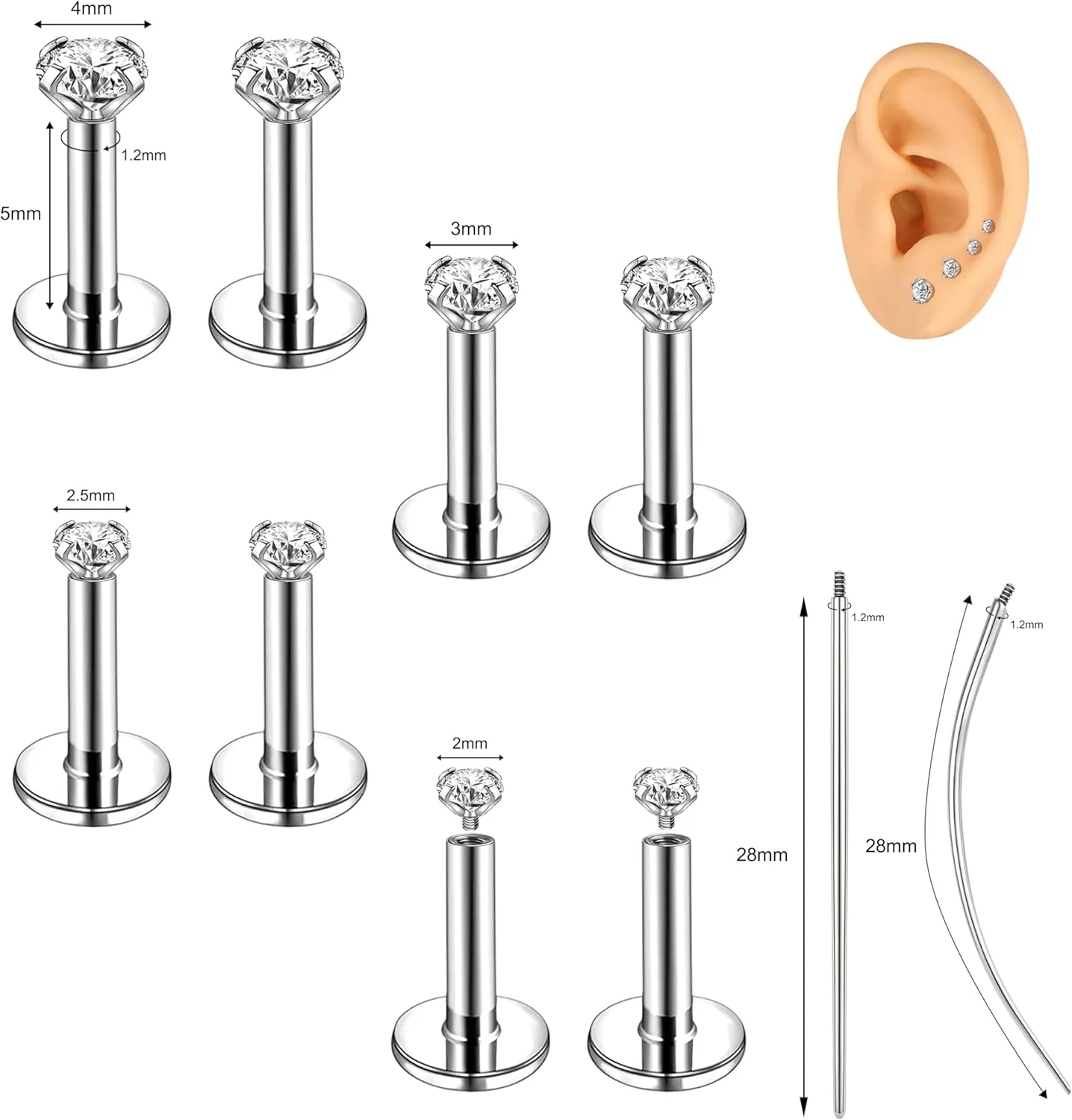 18G/16G Labret Jewelry Surgical Steel Internal Thread CZ Stud Lip Nose Piercing Studs Flat Back Medusa Monroe Lip Cartilage Earring Piercing Jewelry, 2/2.5/3/4mm CZ