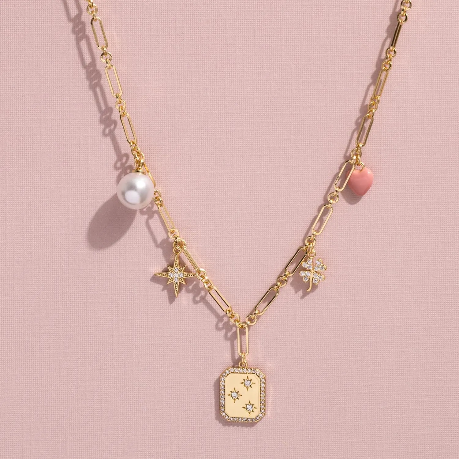 18K Gold Plated Charm Necklace - Cute Heart, Pearl, CZ, Bow, Coin, Star, MOP, Charms on Paperclip Chain - Stack Layer Gift Ideas for Women for Her