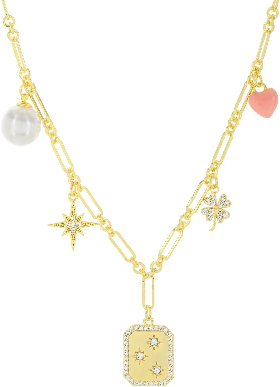 18K Gold Plated Charm Necklace - Cute Heart, Pearl, CZ, Bow, Coin, Star, MOP, Charms on Paperclip Chain - Stack Layer Gift Ideas for Women for Her
