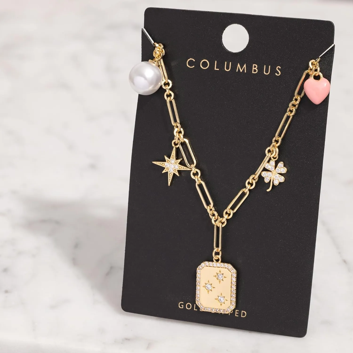 18K Gold Plated Charm Necklace - Cute Heart, Pearl, CZ, Bow, Coin, Star, MOP, Charms on Paperclip Chain - Stack Layer Gift Ideas for Women for Her