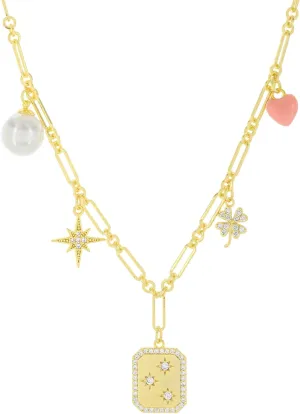 18K Gold Plated Charm Necklace - Cute Heart, Pearl, CZ, Bow, Coin, Star, MOP, Charms on Paperclip Chain - Stack Layer Gift Ideas for Women for Her