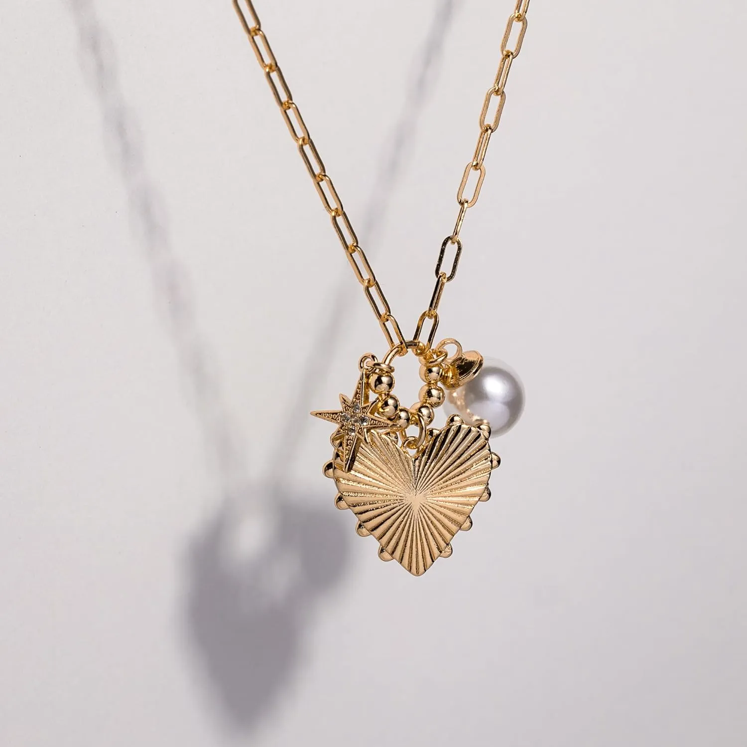 18K Gold Plated Charm Necklace - Cute Heart, Pearl, CZ, Bow, Coin, Star, MOP, Charms on Paperclip Chain - Stack Layer Gift Ideas for Women for Her