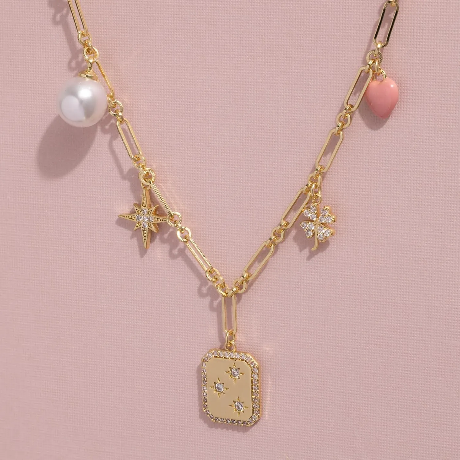 18K Gold Plated Charm Necklace - Cute Heart, Pearl, CZ, Bow, Coin, Star, MOP, Charms on Paperclip Chain - Stack Layer Gift Ideas for Women for Her