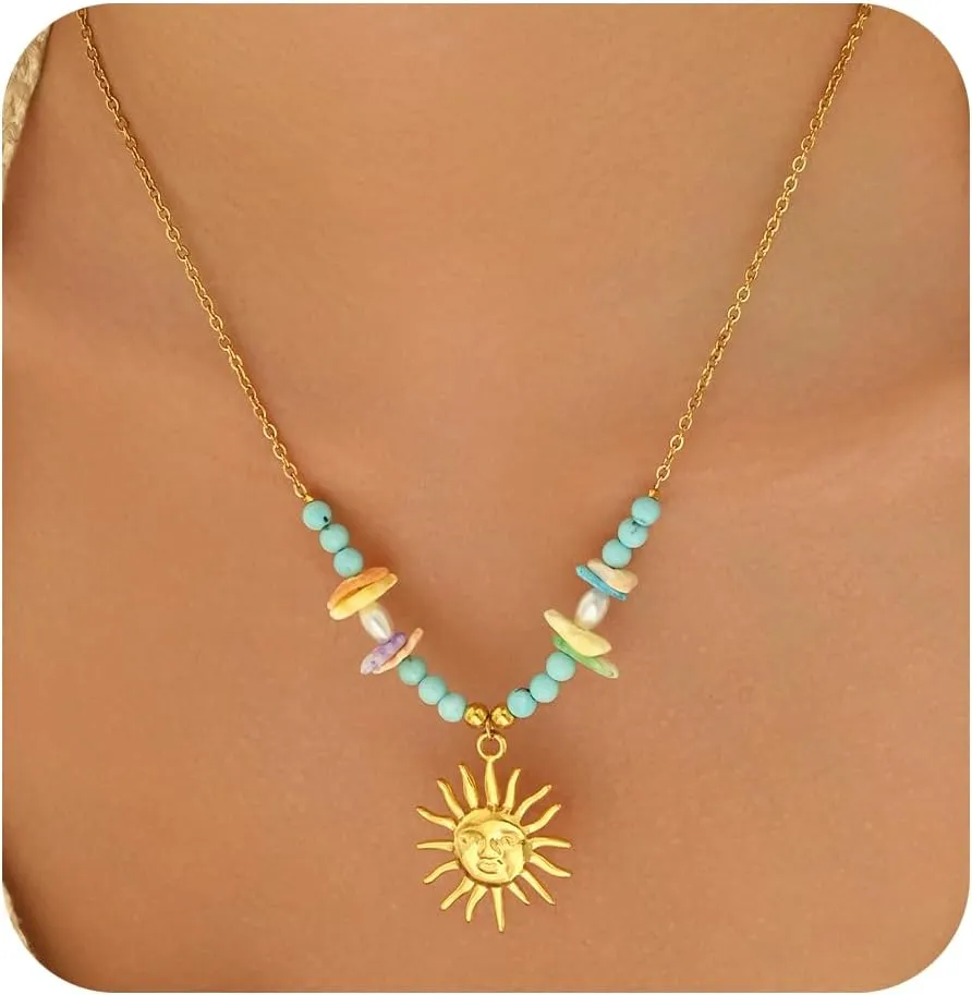 18K Gold Plated Charm Necklace for Women Trendy Coin Sun Shell Starfish Seashell Sea Turtle Seahorse Ocean Series Pearl Pendant Necklaces Boho Summer Beach Jewelry