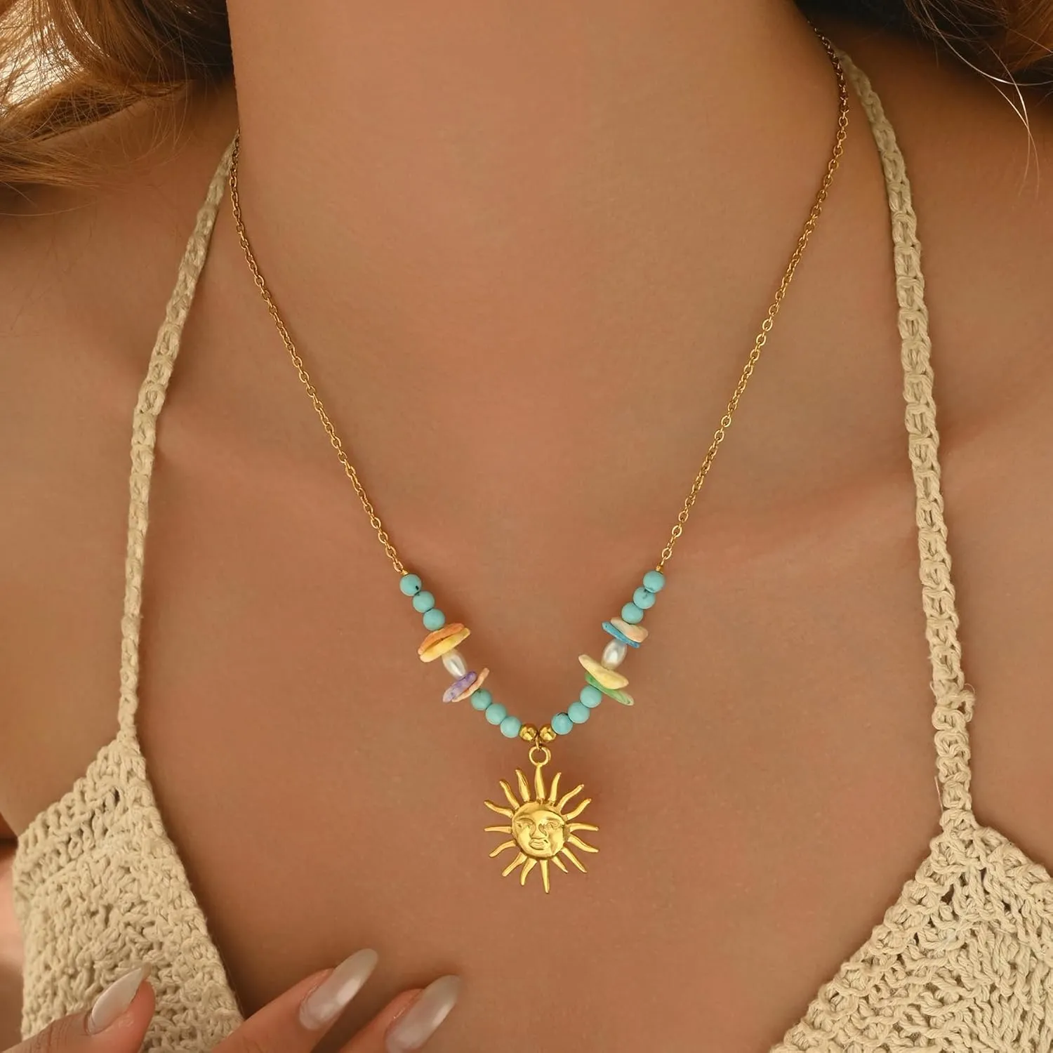 18K Gold Plated Charm Necklace for Women Trendy Coin Sun Shell Starfish Seashell Sea Turtle Seahorse Ocean Series Pearl Pendant Necklaces Boho Summer Beach Jewelry