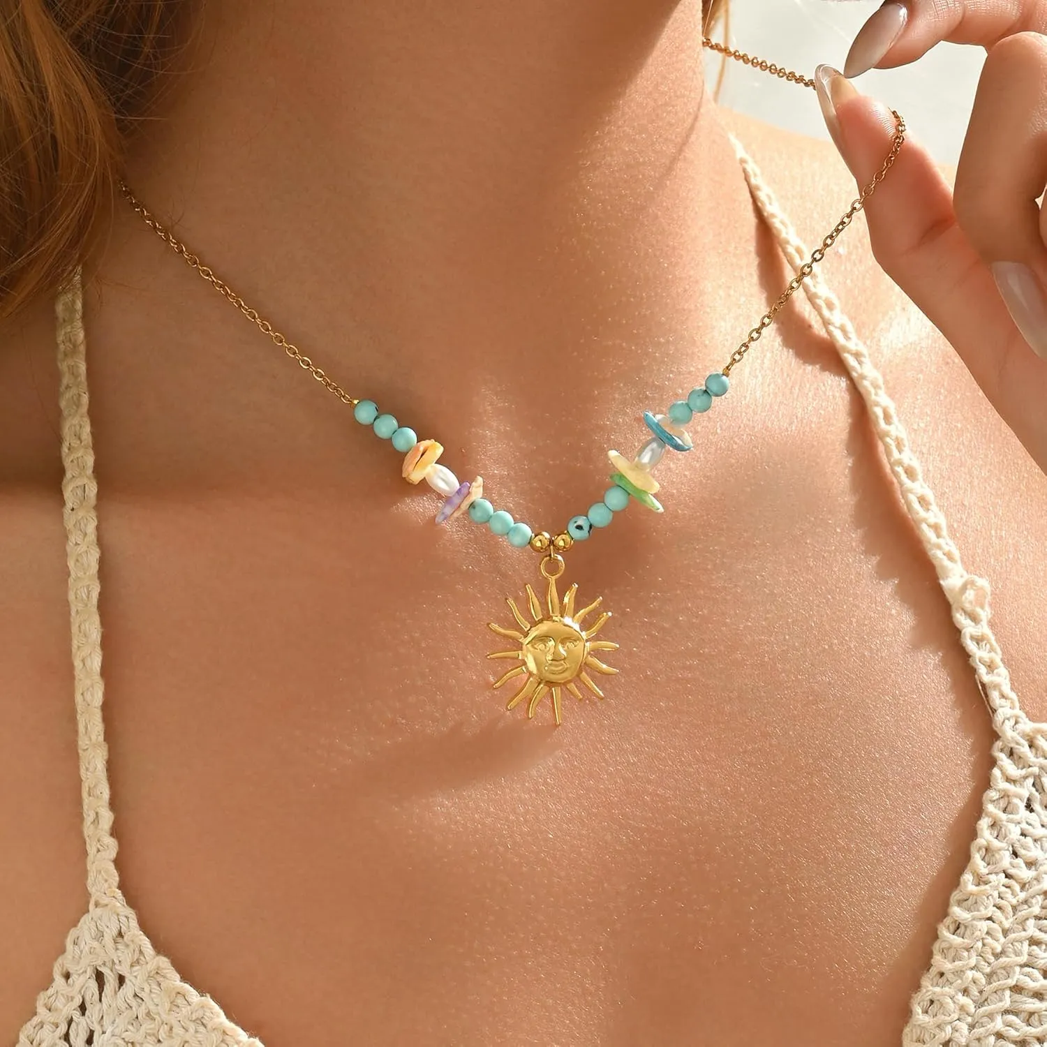 18K Gold Plated Charm Necklace for Women Trendy Coin Sun Shell Starfish Seashell Sea Turtle Seahorse Ocean Series Pearl Pendant Necklaces Boho Summer Beach Jewelry
