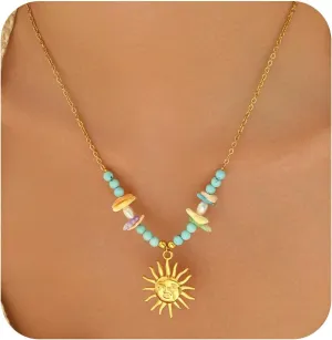 18K Gold Plated Charm Necklace for Women Trendy Coin Sun Shell Starfish Seashell Sea Turtle Seahorse Ocean Series Pearl Pendant Necklaces Boho Summer Beach Jewelry