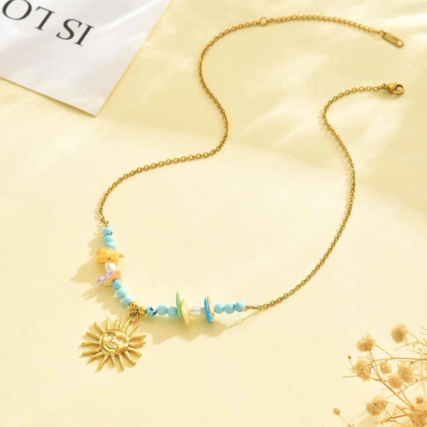 18K Gold Plated Charm Necklace for Women Trendy Coin Sun Shell Starfish Seashell Sea Turtle Seahorse Ocean Series Pearl Pendant Necklaces Boho Summer Beach Jewelry