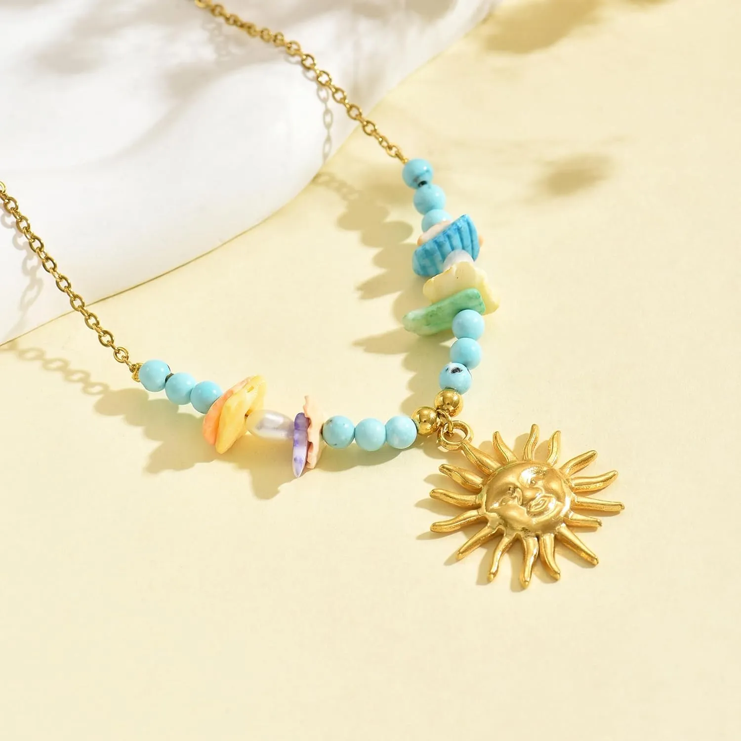 18K Gold Plated Charm Necklace for Women Trendy Coin Sun Shell Starfish Seashell Sea Turtle Seahorse Ocean Series Pearl Pendant Necklaces Boho Summer Beach Jewelry