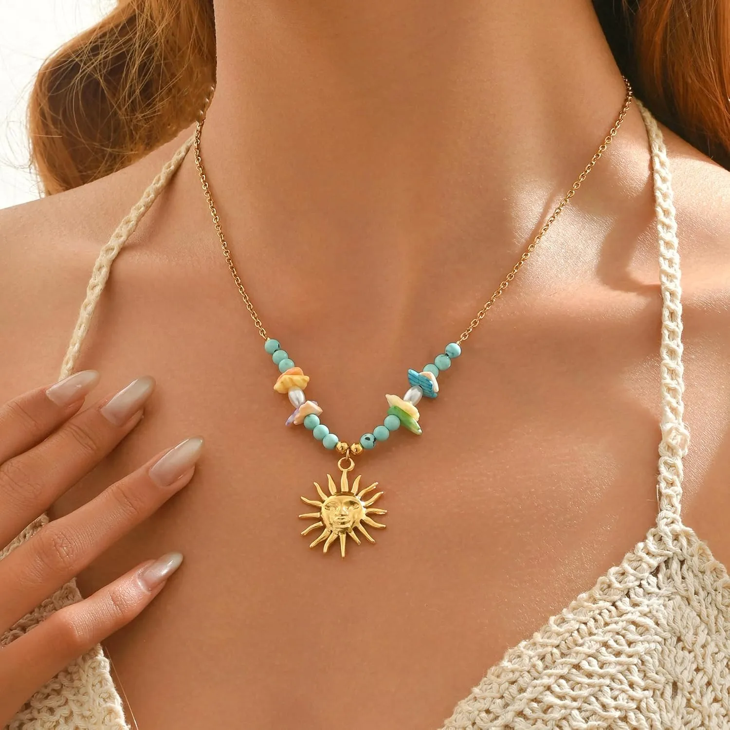 18K Gold Plated Charm Necklace for Women Trendy Coin Sun Shell Starfish Seashell Sea Turtle Seahorse Ocean Series Pearl Pendant Necklaces Boho Summer Beach Jewelry