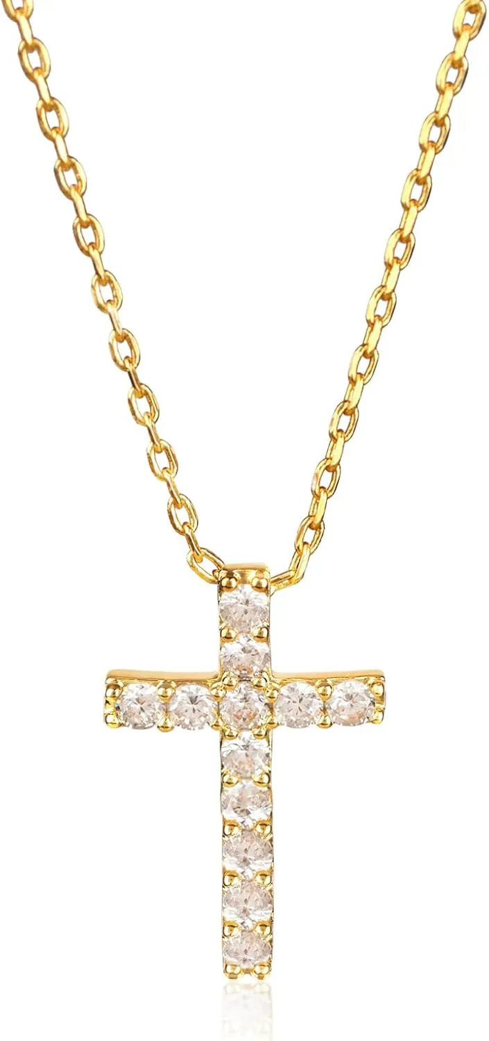 18K Gold Plated Cross Necklace for Women with Zircon Stone Studs | Lightweight Adjustable 18K Gold Plated Chain included