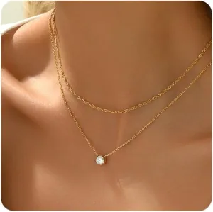 18K Gold Plated CZ Starfish Moon Pendant Necklace for Women Created Round White Opal Choker Necklace Dainty Gold Lucky Horseshoe Pearl Necklace Stainless Steel Jewelry